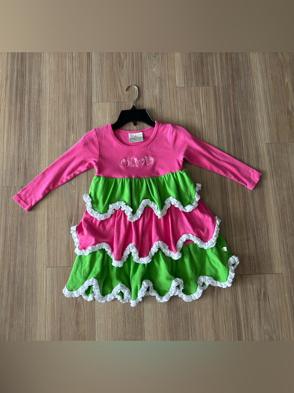 Lolly Wolly Doodle Dress “Olivia’ Name Pink Green Ruffle Cotton Girl 4/5 Cottage